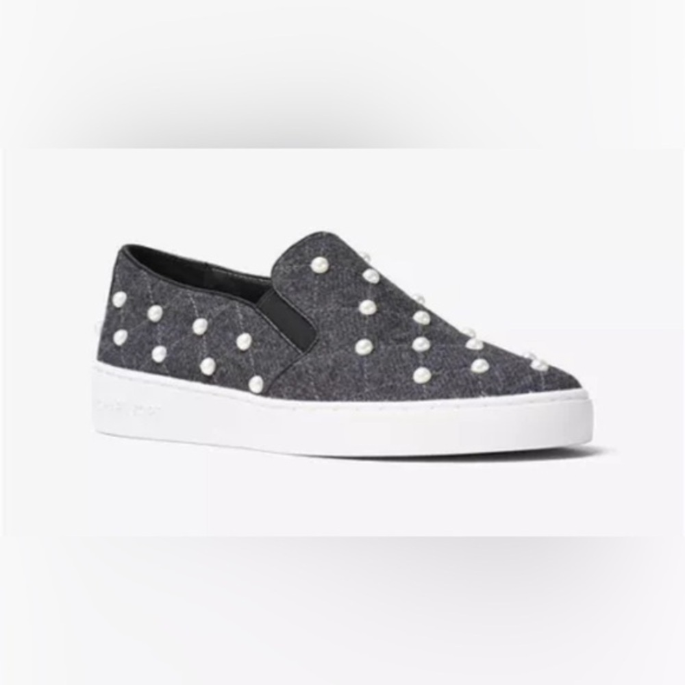 Michael Kors Keaton Flannel/Pearls Embellished Slip On Sneaker, Charcoal 8.5